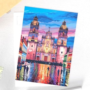 Carte postale de Mexico - Cathédrale métropolitaine et scène nocturne du Zócalo | Souvenir d'art emblématique du Mexique
