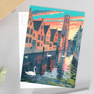 Postal romántica de Brujas: cisnes y puesta de sol sobre los canales de Bélgica