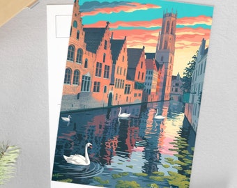 Romantic Bruges Postcard - Swans and Sunset Over Belgium Canals