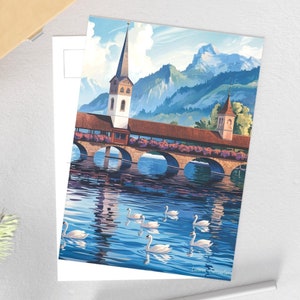 Lucerne, Switzerland Postcard - Kapellbrücke Mountain View | Swiss Travel Souvenir & Scenic Art | Collectible Postcard