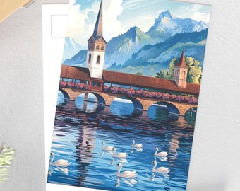 Carte postale de Lucerne, Suisse - Kapellbrücke Mountain View | Souvenir de voyage suisse et art scénique | Carte postale à collectionner