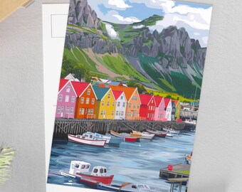 Nordic Waterfront Art Postcard: Colorful Boat Scene, Glossy Finish