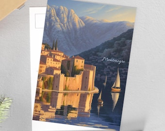 May include: A postcard depicting a picturesque scene of Montenegro. The image showcases a coastal town with stone buildings, a fortress, and sailboats on the water. The background features mountains and the word "Montenegro".
