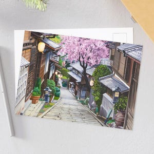 Fine Art ansichtkaarten kersenbloesem, Japanse straattaferelen, kunstafdrukken voor huisdecoratie, wenskaarten, reissouvenirs