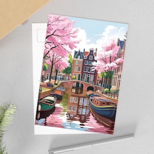 Carte postale d'Amsterdam, objets d'art, cadeaux de voyage, paysage urbain européen, souvenirs touristiques, cadeau unique vintage, impressions d'art fleurs de cerisier