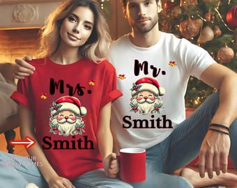 Personalisierte Weihnachtspaar-T-Shirts/Mr.&Mrs. Weihnachtsmann Design mit Familie Passenden Feiertags-Hemden / Festliche Geschenkidee für Sie und Ihn