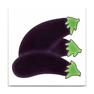 May include: Three purple eggplants with green stems. The eggplants are arranged in a stack, with the largest eggplant on the bottom and the smallest eggplant on top.
