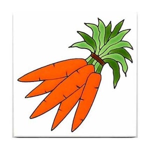 May include: A bunch of four orange carrots with green leafy tops tied together.