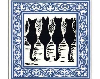 Cat Tales with Blue Victorian Border for Wall Plaque or Kitchen Backsplash Tile by Besheer Art Tile (CA-4B)