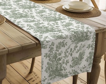 Sage Green French Toile Table Runner | Cotton Floral | French Country | Cottagecore | Hosting Decor | Housewarming