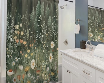 Wildflower Meadow Shower Curtain Boho Botanical Floral Fabric, Cottage Core Décor, Bathroom Decor