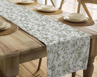 Green Toile Table Runner: Cotton Floral, French Country Cottagecore, Dinner Party Hosting Décor