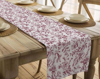 Runner da tavolo in tela bordeaux: cotone floreale, stile cottage francese, decorazione per cene