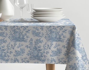 Blue French Toile Tablecloth: Cotton Floral, French Country Cottagecore, Brunch Shower Hosting Décor