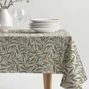 William Morris Tablecloth, Cotton Table Linens, Sage Green Willow Bough Botanical Print, Square Tablecloth Rectangle, House Warming Gift