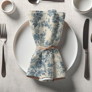 Blue Toile Floral Napkins, Set of 4, Cloth Table Linen, French Country, Cottage Core Decor, Farmhouse Décor, Boho Chic, Housewarming Gift