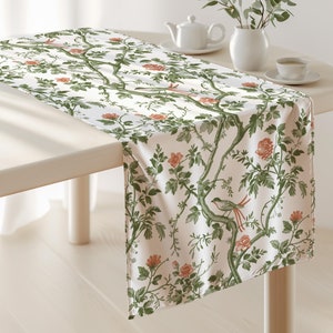 Chinoiserie Table Runner, Sage Green Table Runner, Cotton Table Linen, Floral Table Runner, Chinoiserie Home Decor, House Warming Gift