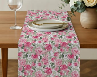 Pink Rose Table Runner: Cotton Floral Watercolor, Cottagecore Grandmillennial, Brunch Tea Party Hosting Decor