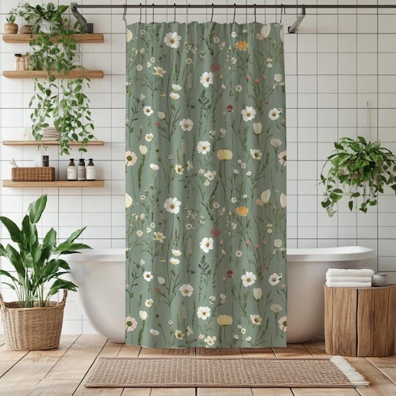 Boho Shower Curtain, Green Wildflower Print, Botanical Floral Fabric, Cottagecore Décor, Bathroom Decor