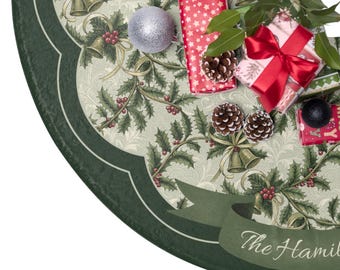 Bells & Holly Christmas Tree Skirt, Personalized Holiday Tree Decoration, Family Christmas Keepsake, Vintage Seasonal Décor