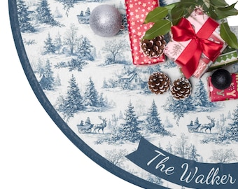 Blue Toile Christmas Tree Skirt, Personalized Holiday Tree Decoration, Family Christmas Keepsake, Seasonal Décor