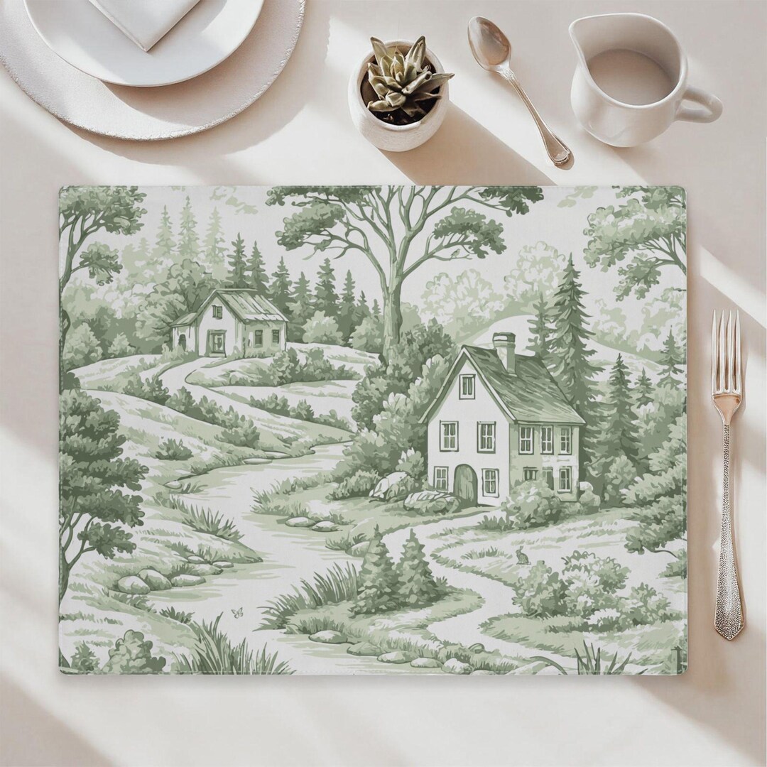 Sage Green Toile Placemats: Cotton Summer Scene, French Country Cottage ...