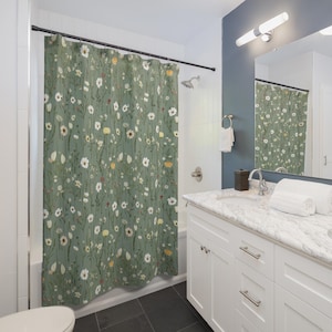 Boho Shower Curtain, Green Wildflower Print, Botanical Floral Fabric, Cottagecore Décor, Bathroom Decor image 3