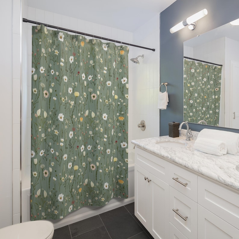 Boho Shower Curtain, Green Wildflower Print, Botanical Floral Fabric, Cottagecore Décor, Bathroom Decor image 3