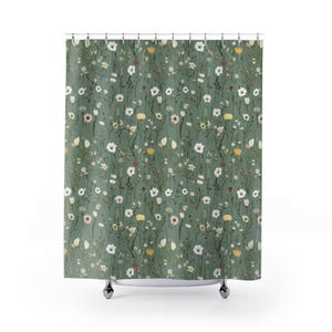 Boho Shower Curtain, Green Wildflower Print, Botanical Floral Fabric, Cottagecore Décor, Bathroom Decor Green