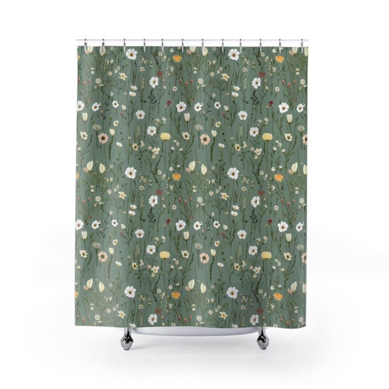 Boho Shower Curtain, Green Wildflower Print, Botanical Floral Fabric, Cottagecore Décor, Bathroom Decor Green