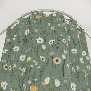 Boho Shower Curtain, Green Wildflower Print, Botanical Floral Fabric, Cottagecore Décor, Bathroom Decor Dark Green