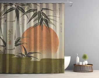 Bamboo & Sun Shower Curtain: Fabric Botanical Bath Curtain, Japandi Wabi Sabi Japanese Decor