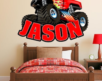 Monster Truck Wall Decal Sticker Decor for Boys Rooms-Personalized Custom Name with Big Tire Crushing Letters Theme Bedroom and Nursey Art