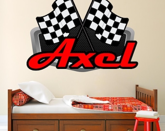 Race Car Wall Decal Sticker Art with Custom Name Vinyl Letters and Checkered Flags for Boys Rooms-Personalized Racing Theme Bedroom Decor