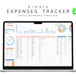 May include: A silver laptop displays a spreadsheet titled "Simple Expenses Tracker" with the text "Apple Numbers Template." The screen shows charts, graphs, and a table with financial data, including a pie chart and bar graphs. A green icon is in the top right corner.
