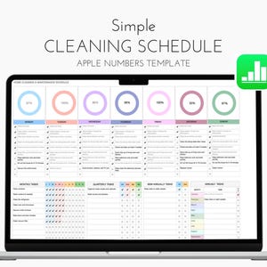 May include: A laptop displays a simple cleaning schedule template. The schedule is organized by day, with color-coded circles indicating task completion percentages. The text "Simple Cleaning Schedule" is at the top.
