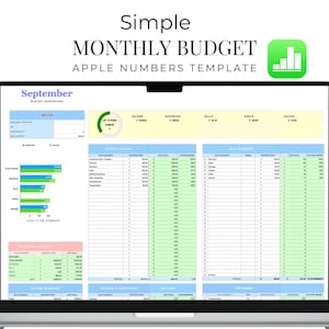 May include: A laptop screen displaying a spreadsheet template for a simple monthly budget in Apple Numbers. The spreadsheet is titled "September Budget Dashboard" and includes sections for income, expenses, bills, debts, and savings. The spreadsheet also includes a bar graph showing income and expenses.