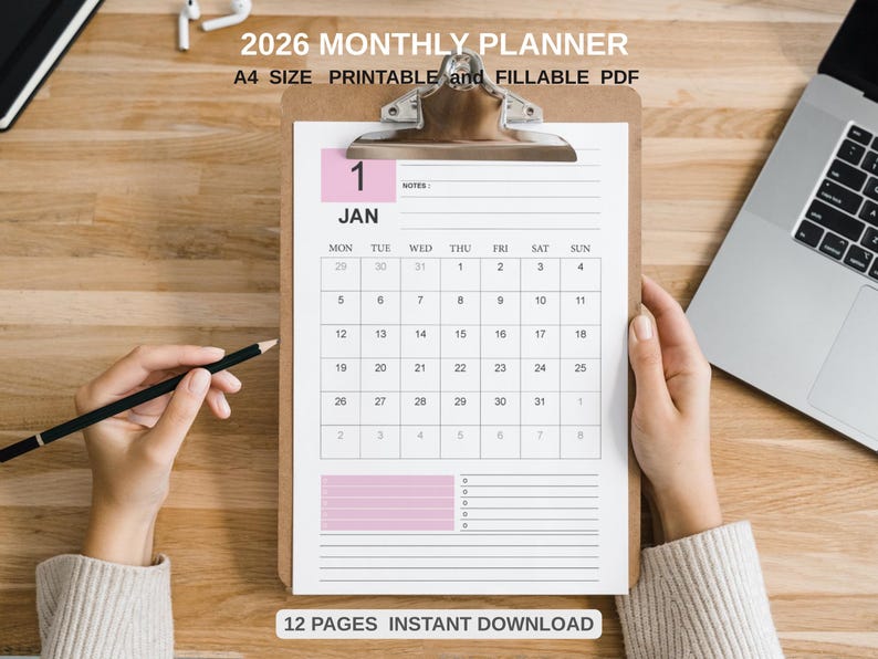 2026 Monthly Calendar, Printable Calendar ,horizontal Monthly Planner ...