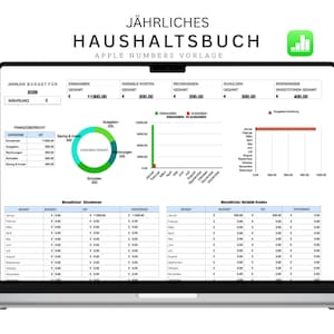 Op de afbeelding: Een zilveren laptop toont een financieel spreadsheet met de titel "JÄHRLICHES HAUSHALTSBUCH" in het Duits. Het scherm toont grafieken en tabellen met financiële gegevens, waaronder een cirkeldiagram en staafdiagrammen. De Apple Numbers-sjabloon is zichtbaar.