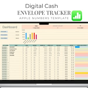 May include: A laptop screen displaying a digital cash envelope tracker template for Apple Numbers. The template includes a dashboard with a bar chart, a table with columns for goal, budget, money in, money out, available, status, and visual goal status, and a section for entering data.