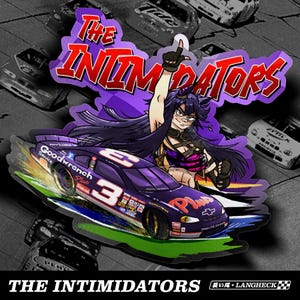 May include: A sticker featuring a purple race car with the number 3 and the text "Goodwrench Plus". The sticker also includes a cartoon character and the words "THE INTIMIDATORS" in red and purple. The background shows race cars.