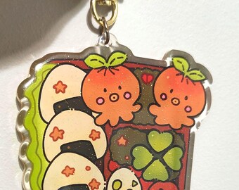 Takodog Bento Glitter Epoxy Keychain - heisei retro, japanese food, orange/green/brown