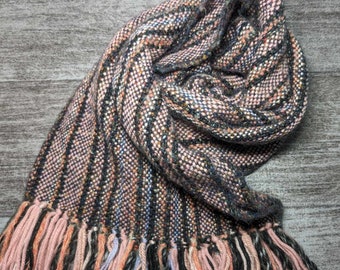 Pink Black Striped Handwoven Scarf, Thick, Warm, Extra Wide Winter Fashion Scarf Wool Blend