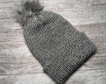 Gray Slouchy Knit Hat, Beanie With Faux Fur Pom, Double Layer, Warm, One Size Fits Most Teenagers, Adults, Ready To Ship