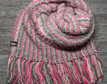 Classic Gray Pink Striped Handwoven Scarf, Thick, Warm, Extra Wide Winter Fashion Scarf