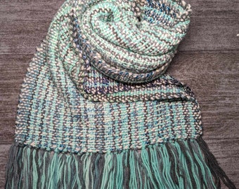 Seafoam Blue Gray striped Handwoven Scarf, Thick, Warm, Extra Wide Winter Fashion Scarf