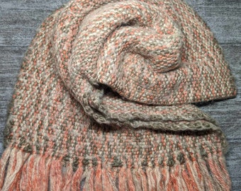 Tan Salmon Striped Handwoven Scarf, Thick, Warm, Extra Wide Winter Fashion Scarf, Fuzzy, Soft