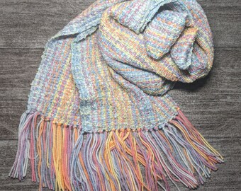 Chunky Rainbow Handwoven Scarf, Soft, Handmade, Pastels, Shimmery, Ribbon Texture