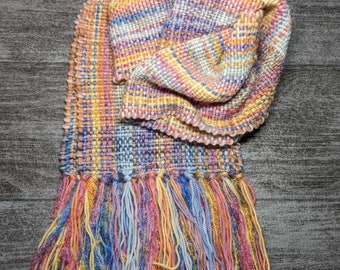 Chunky Rainbow Plaid Handwoven Scarf, Soft, Handmade, Pastels, Shimmery