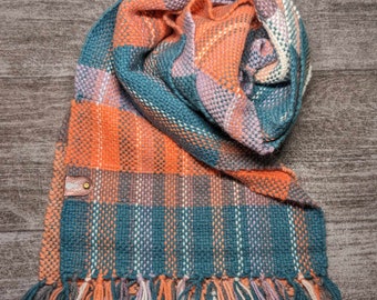 Chunky Plaid Handwoven Scarf, Thick, Warm, Extra Wide Winter Fashion Scarf, Purple, Green, Teal